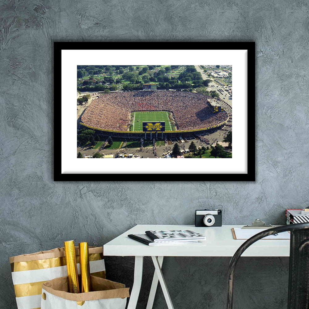 Ann Arbor Michigan, Stadium Canvas, Sport Art, Gift for him, White Border Framed Art Print Wall Decor