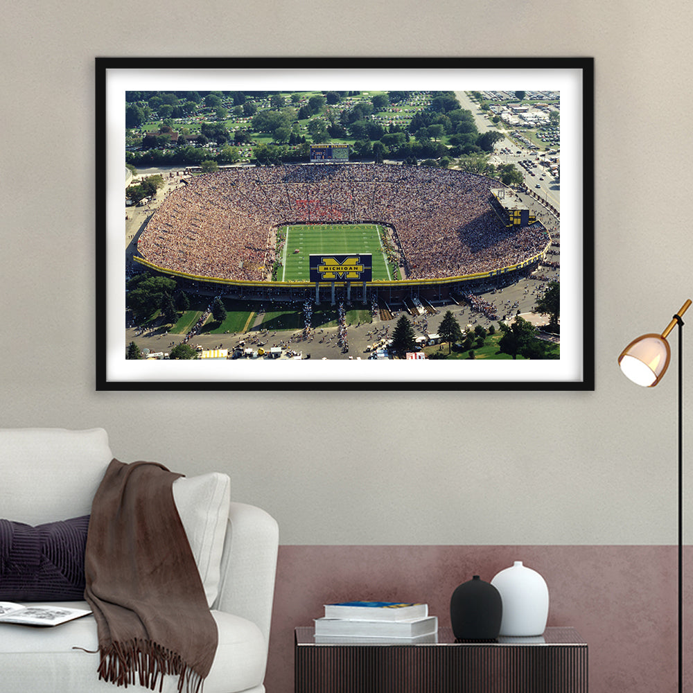 Ann Arbor Michigan, Stadium Canvas, Sport Art, Gift for him, White Border Framed Art Print Wall Decor