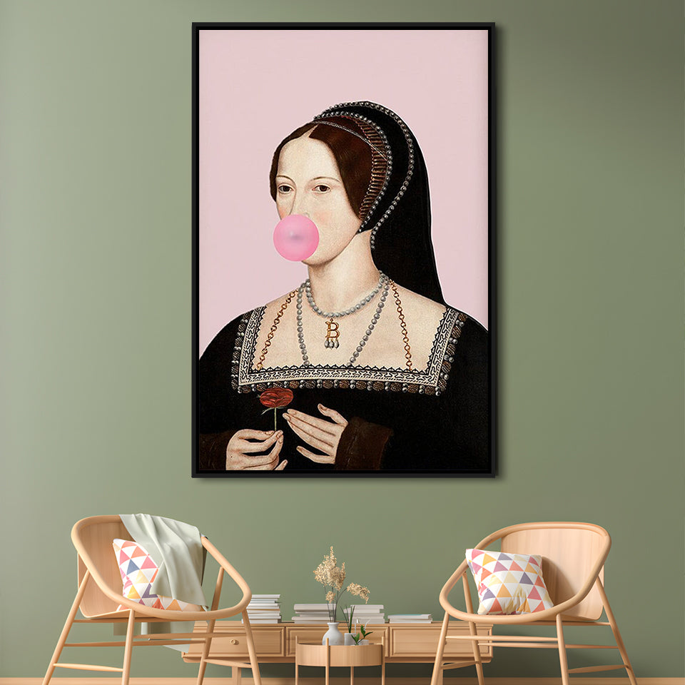 Anne Boleyn Bubble Gum Wall Art, Portrait Print Altered Art Vintage, Pink Wall Art, Framed Canvas Prints Wall Art