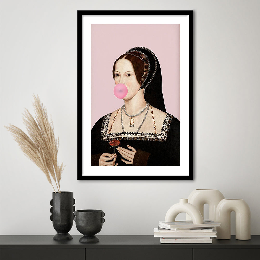 Anne Boleyn Bubble Gum Wall Art, Portrait Print Altered Art Vintage, Pink Wall Art, Framed Art Prints White Border Wall Decor