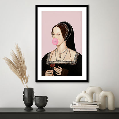 Anne Boleyn Bubble Gum Wall Art, Portrait Print Altered Art Vintage, Pink Wall Art, Framed Art Prints White Border Wall Decor