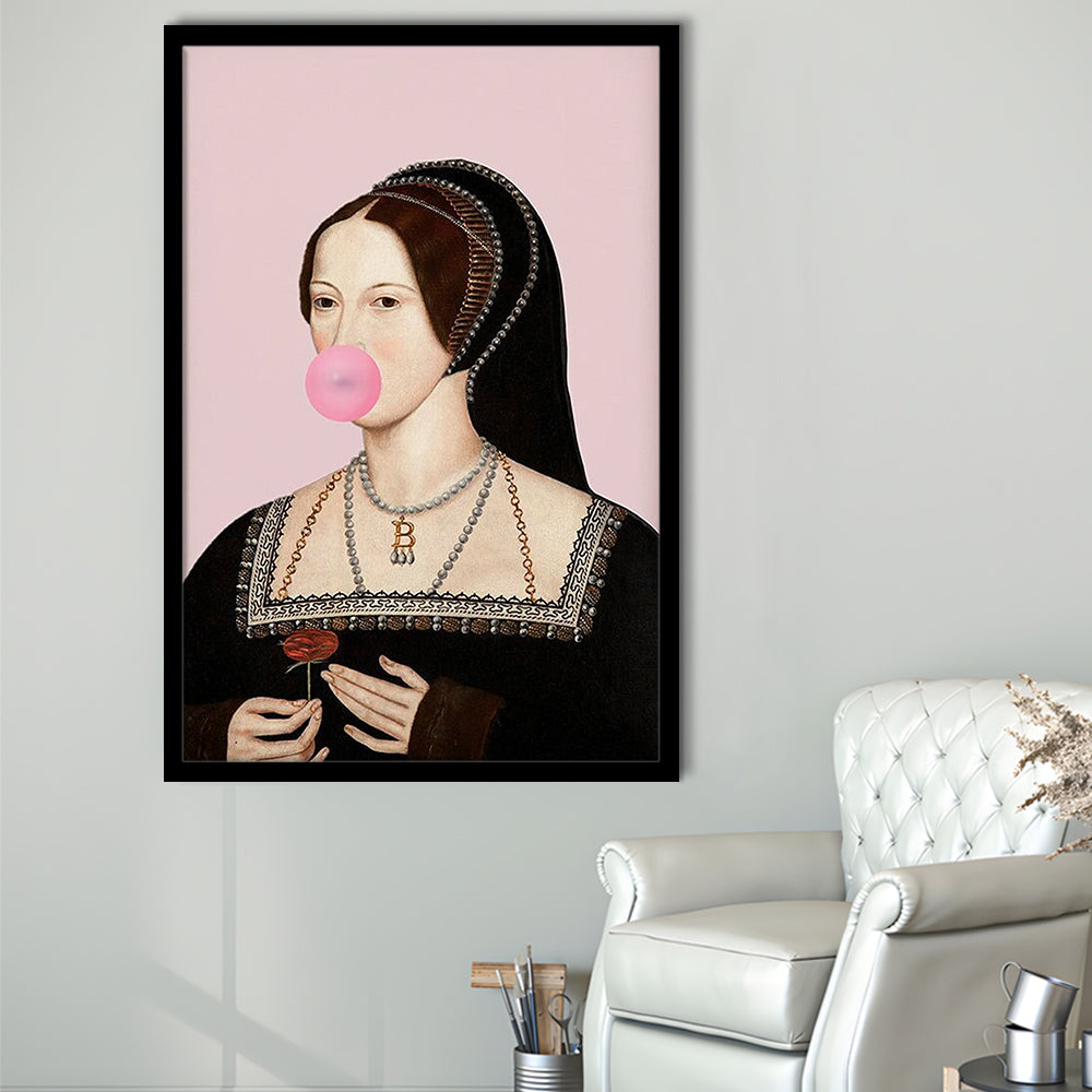 Anne Boleyn Bubble Gum Wall Art, Portrait Print Altered Art Vintage, Pink Wall Art, Framed Art Prints Wall Decor
