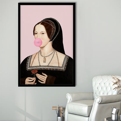 Anne Boleyn Bubble Gum Wall Art, Portrait Print Altered Art Vintage, Pink Wall Art, Framed Art Prints Wall Decor
