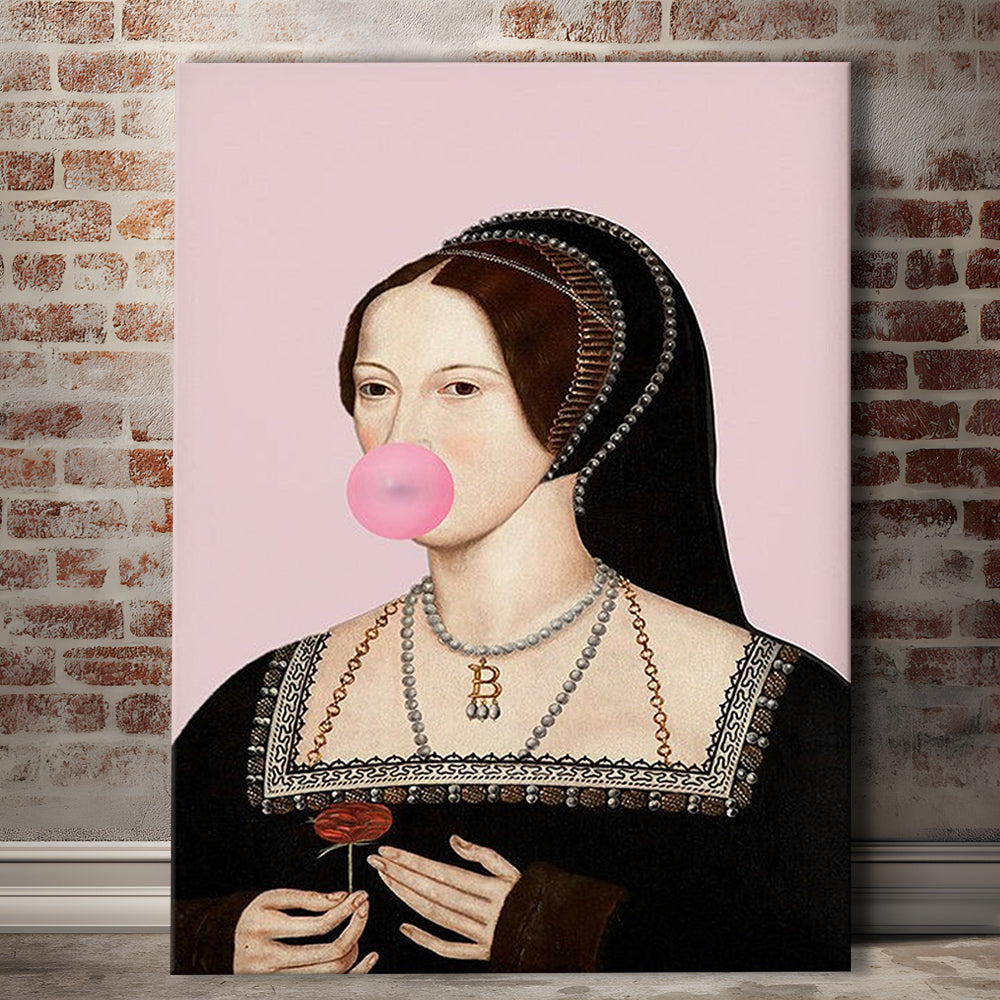 Anne Boleyn Bubble Gum Wall Art, Portrait Print Altered Art Vintage, Pink Wall Art, Canvas Prints Wall Art