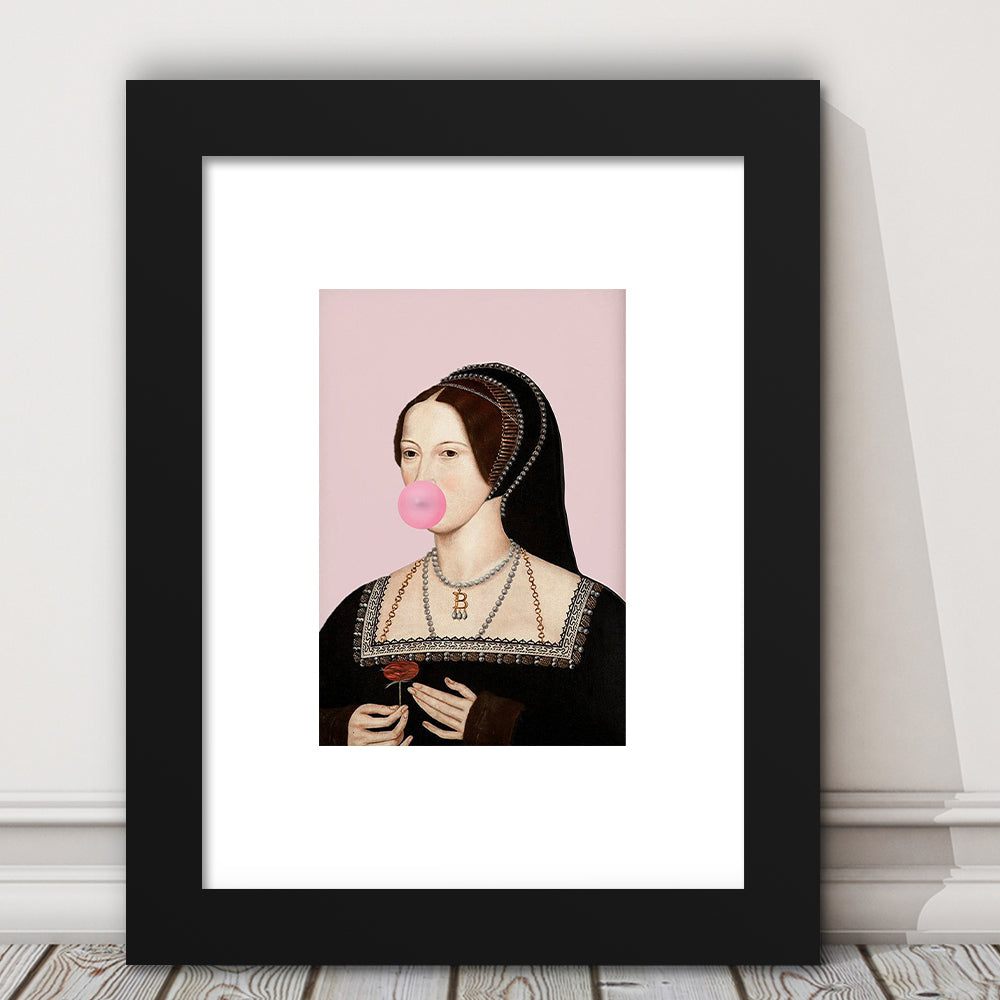 Anne Boleyn Bubble Gum Wall Art, Portrait Print Altered Art Vintage, Pink Wall Art, Framed Art Prints White Border Wall Decor
