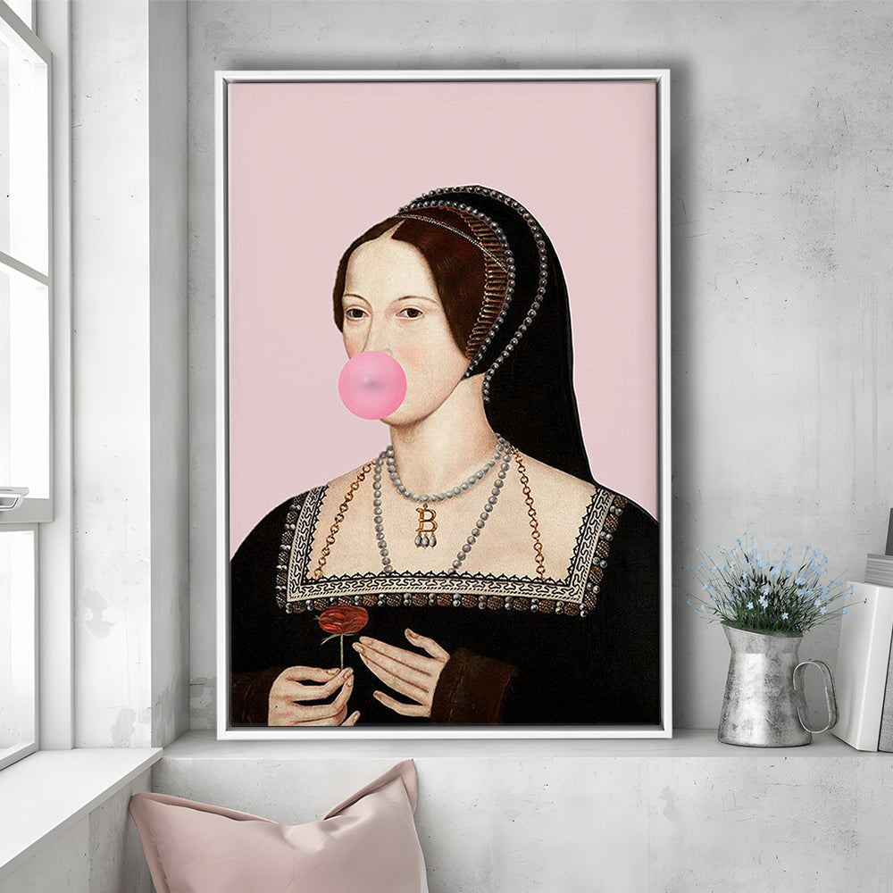 Anne Boleyn Bubble Gum Wall Art, Portrait Print Altered Art Vintage, Pink Wall Art, Framed Canvas Prints Wall Art