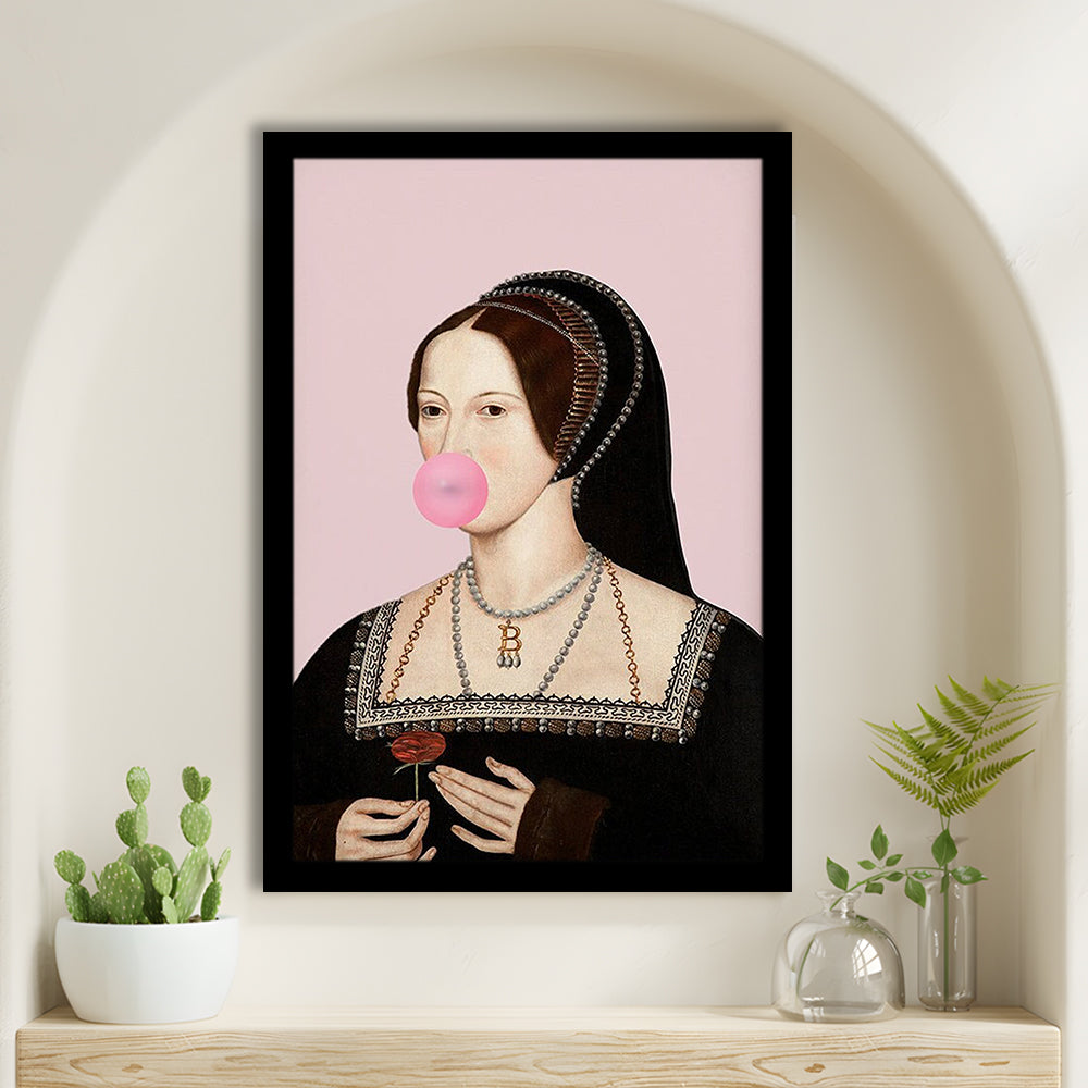 Anne Boleyn Bubble Gum Wall Art, Portrait Print Altered Art Vintage, Pink Wall Art, Framed Art Prints Wall Decor
