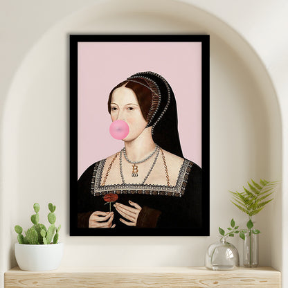 Anne Boleyn Bubble Gum Wall Art, Portrait Print Altered Art Vintage, Pink Wall Art, Framed Art Prints Wall Decor