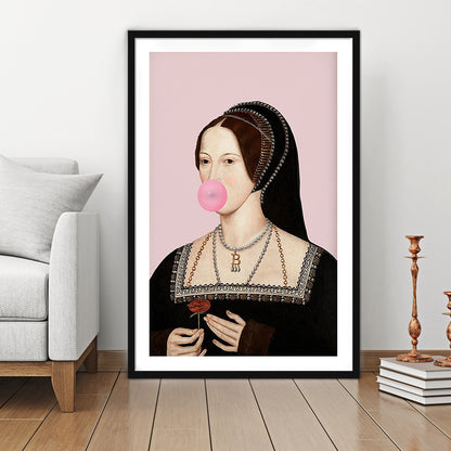 Anne Boleyn Bubble Gum Wall Art, Portrait Print Altered Art Vintage, Pink Wall Art, Framed Art Prints White Border Wall Decor