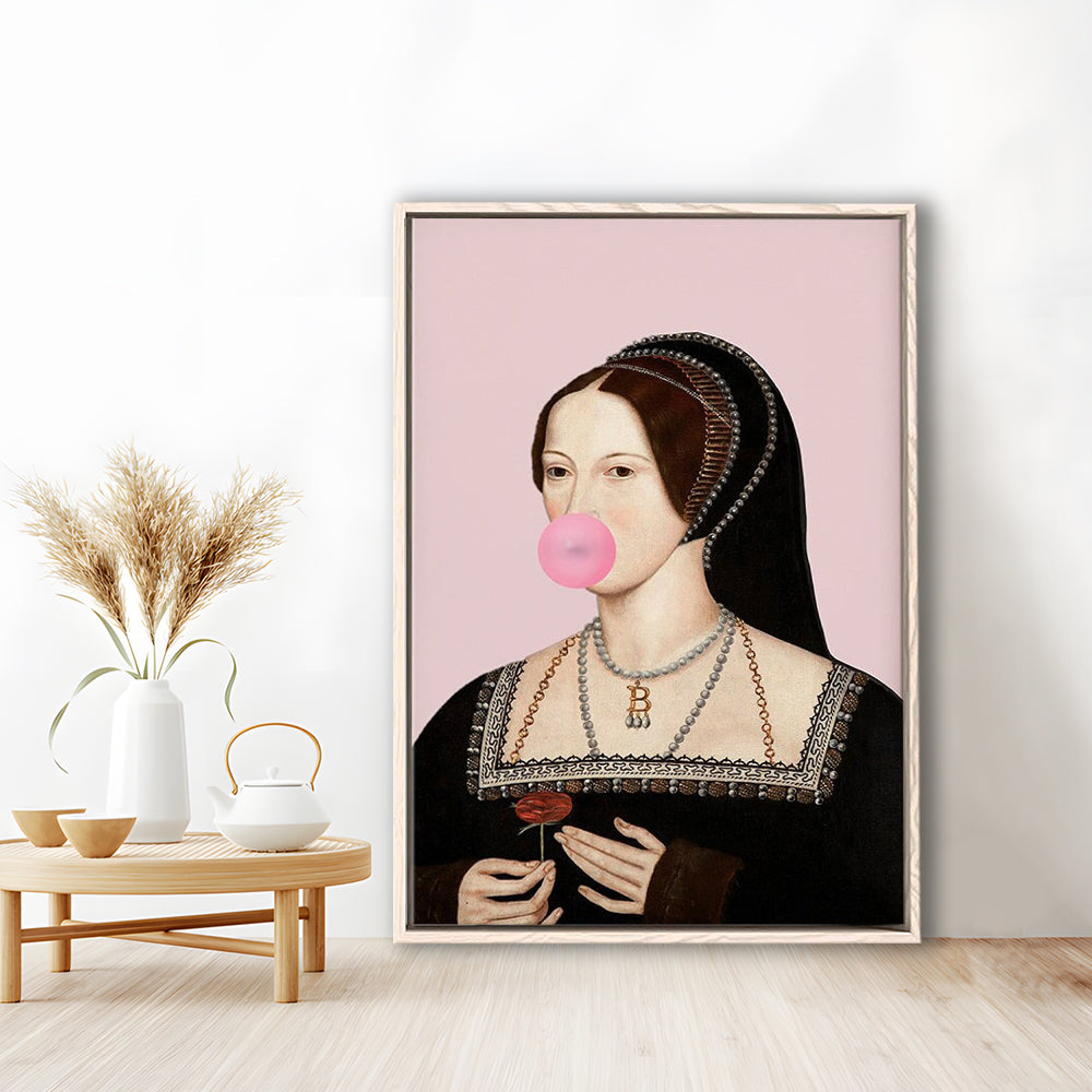Anne Boleyn Bubble Gum Wall Art, Portrait Print Altered Art Vintage, Pink Wall Art, Framed Canvas Prints Wall Art