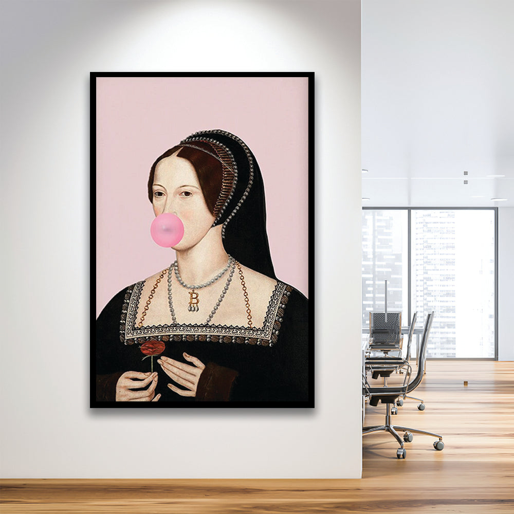 Anne Boleyn Bubble Gum Wall Art, Portrait Print Altered Art Vintage, Pink Wall Art, Framed Art Prints Wall Decor