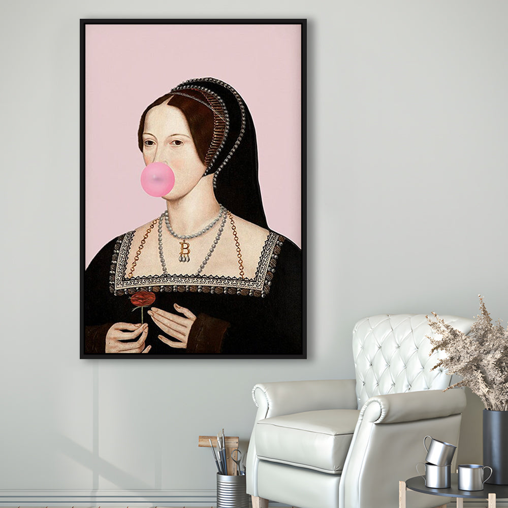 Anne Boleyn Bubble Gum Wall Art, Portrait Print Altered Art Vintage, Pink Wall Art, Framed Canvas Prints Wall Art