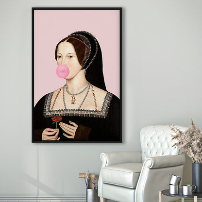 Anne Boleyn Bubble Gum Wall Art, Portrait Print Altered Art Vintage, Pink Wall Art, Framed Canvas Prints Wall Art