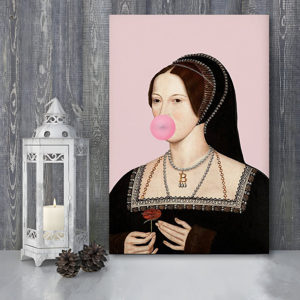 Anne Boleyn Bubble Gum Wall Art, Portrait Print Altered Art Vintage, Pink Wall Art, Canvas Prints Wall Art