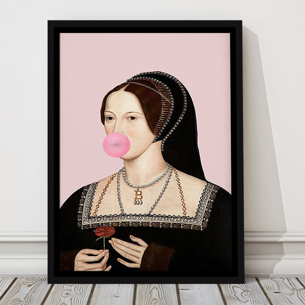 Anne Boleyn Bubble Gum Wall Art, Portrait Print Altered Art Vintage, Pink Wall Art, Framed Canvas Prints Wall Art