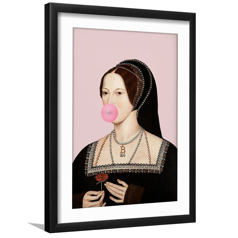 Anne Boleyn Bubble Gum Wall Art, Portrait Print Altered Art Vintage, Pink Wall Art, Framed Art Prints White Border Wall Decor