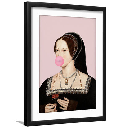 Anne Boleyn Bubble Gum Wall Art, Portrait Print Altered Art Vintage, Pink Wall Art, Framed Art Prints White Border Wall Decor