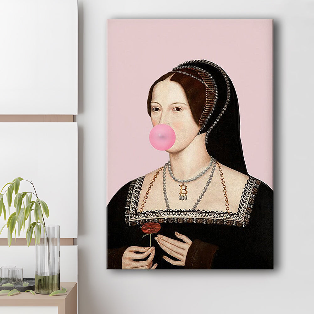Anne Boleyn Bubble Gum Wall Art, Portrait Print Altered Art Vintage, Pink Wall Art, Canvas Prints Wall Art