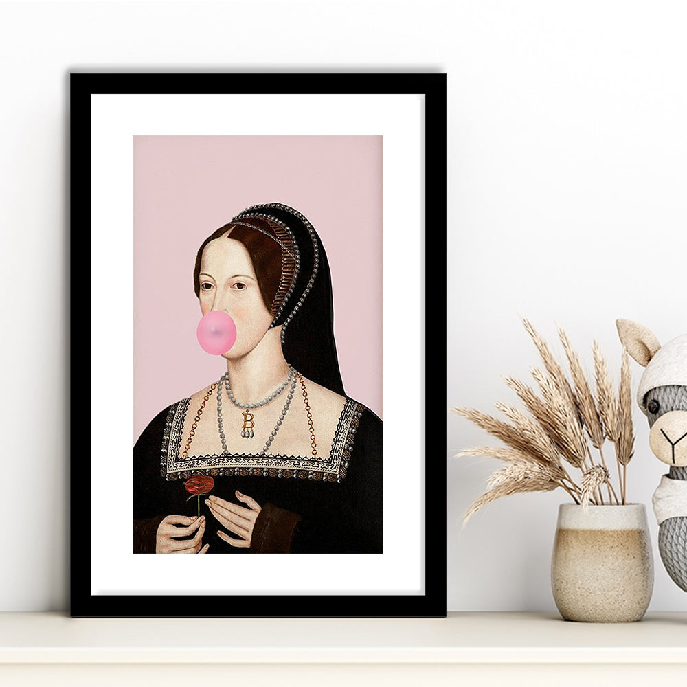 Anne Boleyn Bubble Gum Wall Art, Portrait Print Altered Art Vintage, Pink Wall Art, Framed Art Prints White Border Wall Decor