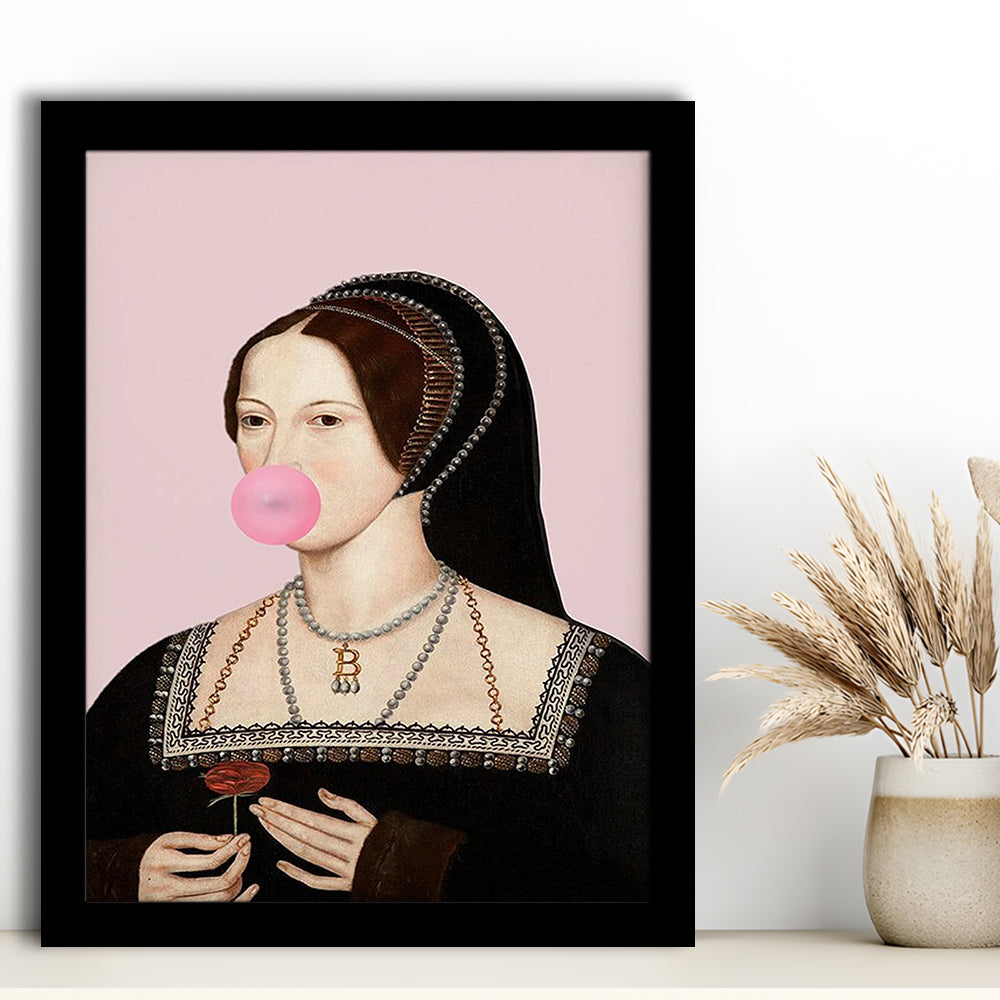 Anne Boleyn Bubble Gum Wall Art, Portrait Print Altered Art Vintage, Pink Wall Art, Framed Art Prints Wall Decor