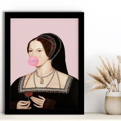 Anne Boleyn Bubble Gum Wall Art, Portrait Print Altered Art Vintage, Pink Wall Art, Framed Art Prints Wall Decor