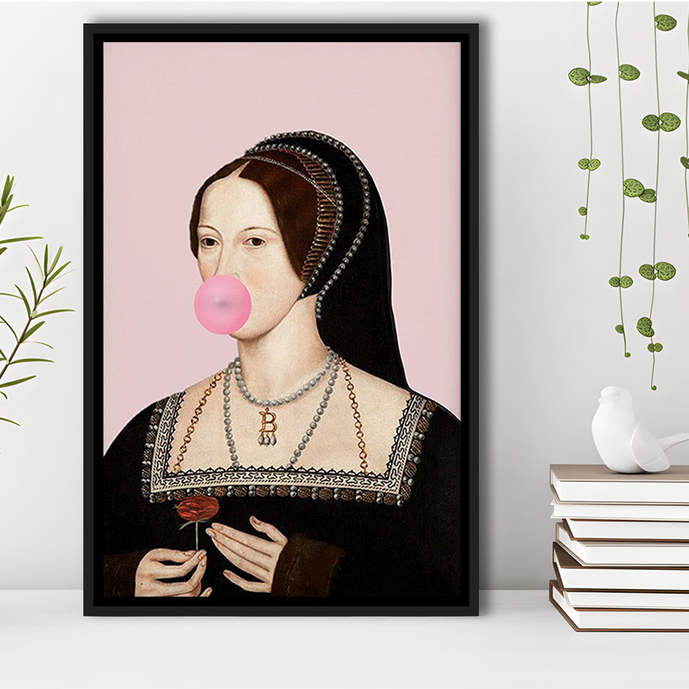 Anne Boleyn Bubble Gum Wall Art, Portrait Print Altered Art Vintage, Pink Wall Art, Framed Canvas Prints Wall Art