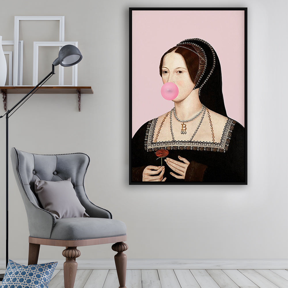 Anne Boleyn Bubble Gum Wall Art, Portrait Print Altered Art Vintage, Pink Wall Art, Framed Canvas Prints Wall Art