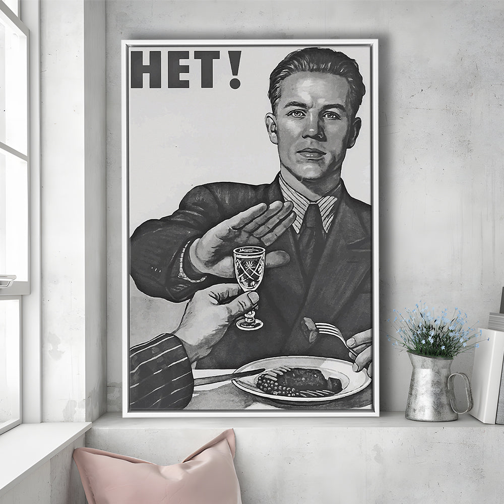 Anti Alcohol Vintage Print, Black and White, Alcohol Drinking Vintage, Floating Framed Canvas Print