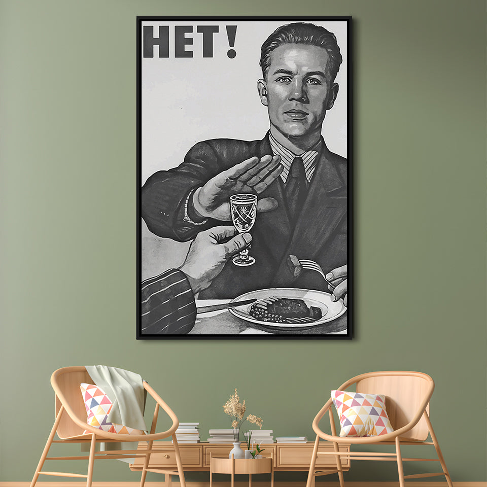 Anti Alcohol Vintage Print, Black and White, Alcohol Drinking Vintage, Floating Framed Canvas Print