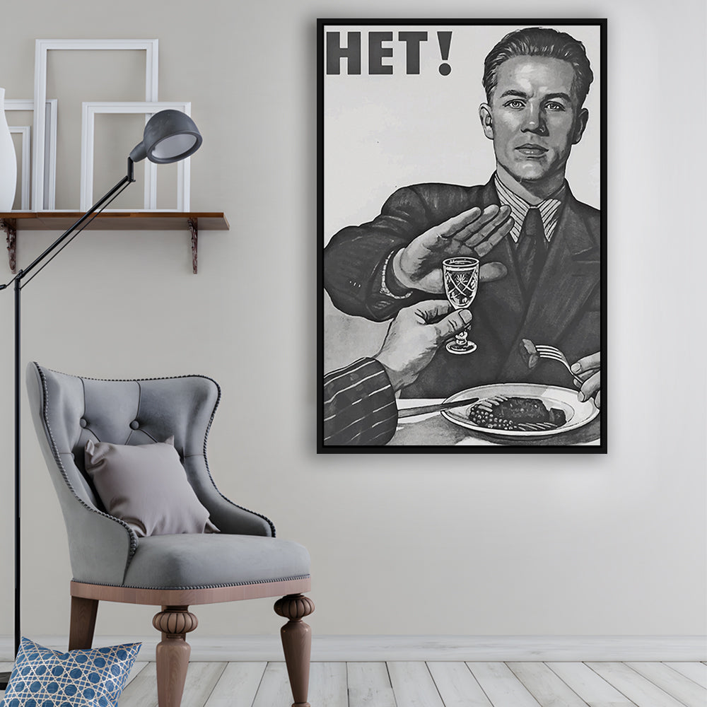 Anti Alcohol Vintage Print, Black and White, Alcohol Drinking Vintage, Floating Framed Canvas Print