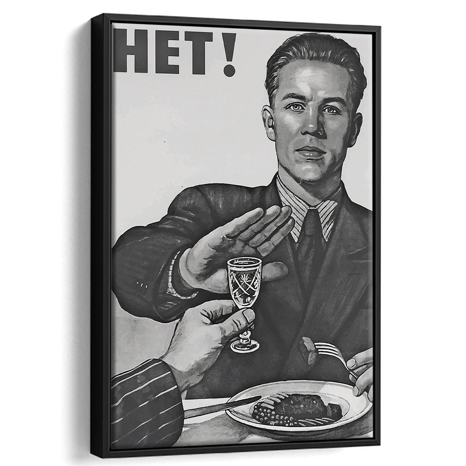 Anti Alcohol Vintage Print, Black and White, Alcohol Drinking Vintage, Floating Framed Canvas Print