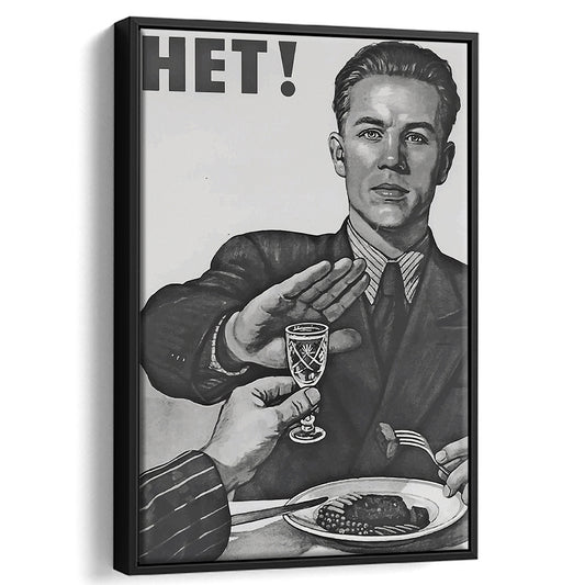 Anti Alcohol Vintage Print, Black and White, Alcohol Drinking Vintage, Floating Framed Canvas Print