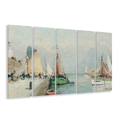 Antique Nautical Oil Paintingailboats Coastal Farmhouse 5 Panels Canvas Print Wall Art, Landscape Painting