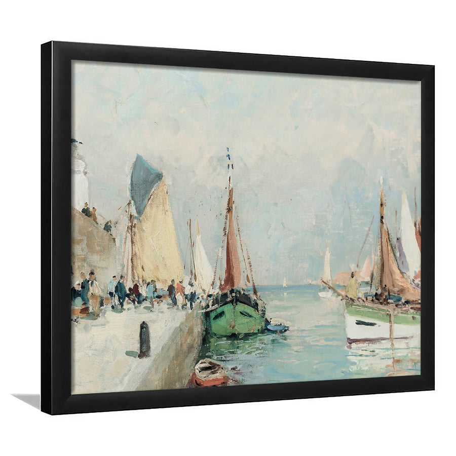 Antique Nautical Oil Paintingailboats Coastal Farmhouse Framed Art Print Wall Decor, Landscape Painting