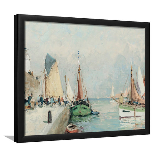 Antique Nautical Oil Paintingailboats Coastal Farmhouse Framed Art Print Wall Decor, Landscape Painting