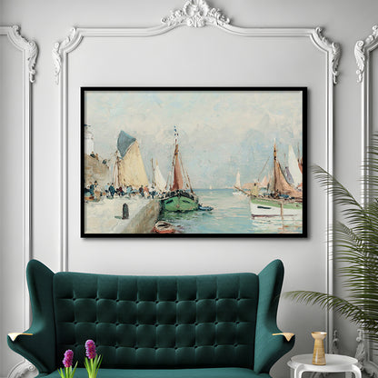 Antique Nautical Oil Paintingailboats Coastal Farmhouse Framed Art Print Wall Decor, Landscape Painting