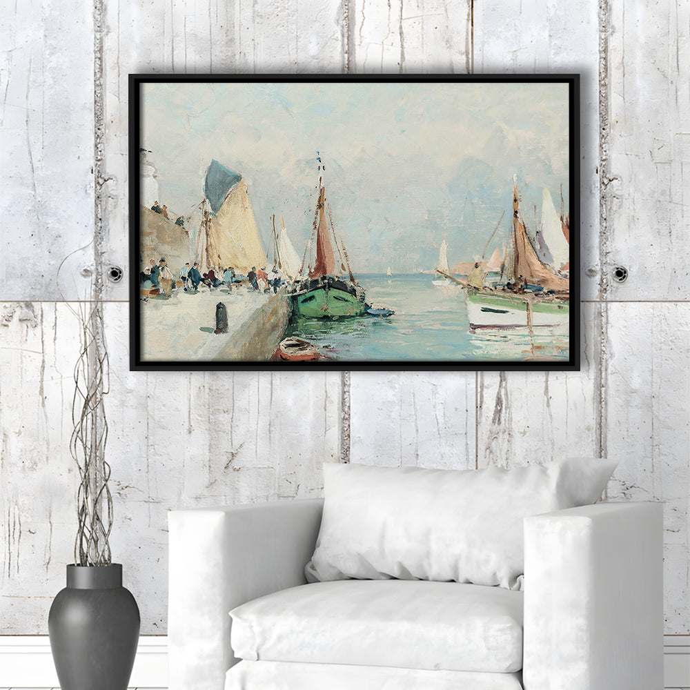 Antique Nautical Oil Paintingailboats Coastal Farmhouse Framed Canvas Print Wall Art, Landscape Painting