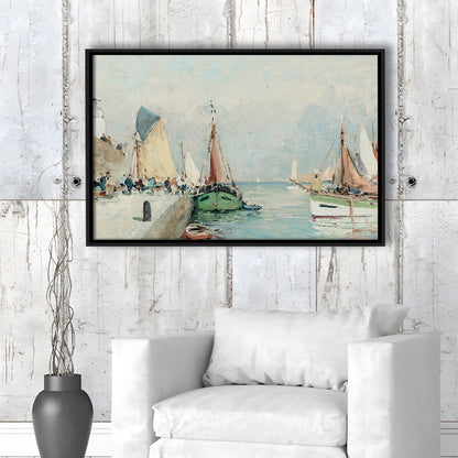Antique Nautical Oil Paintingailboats Coastal Farmhouse Framed Canvas Print Wall Art, Landscape Painting