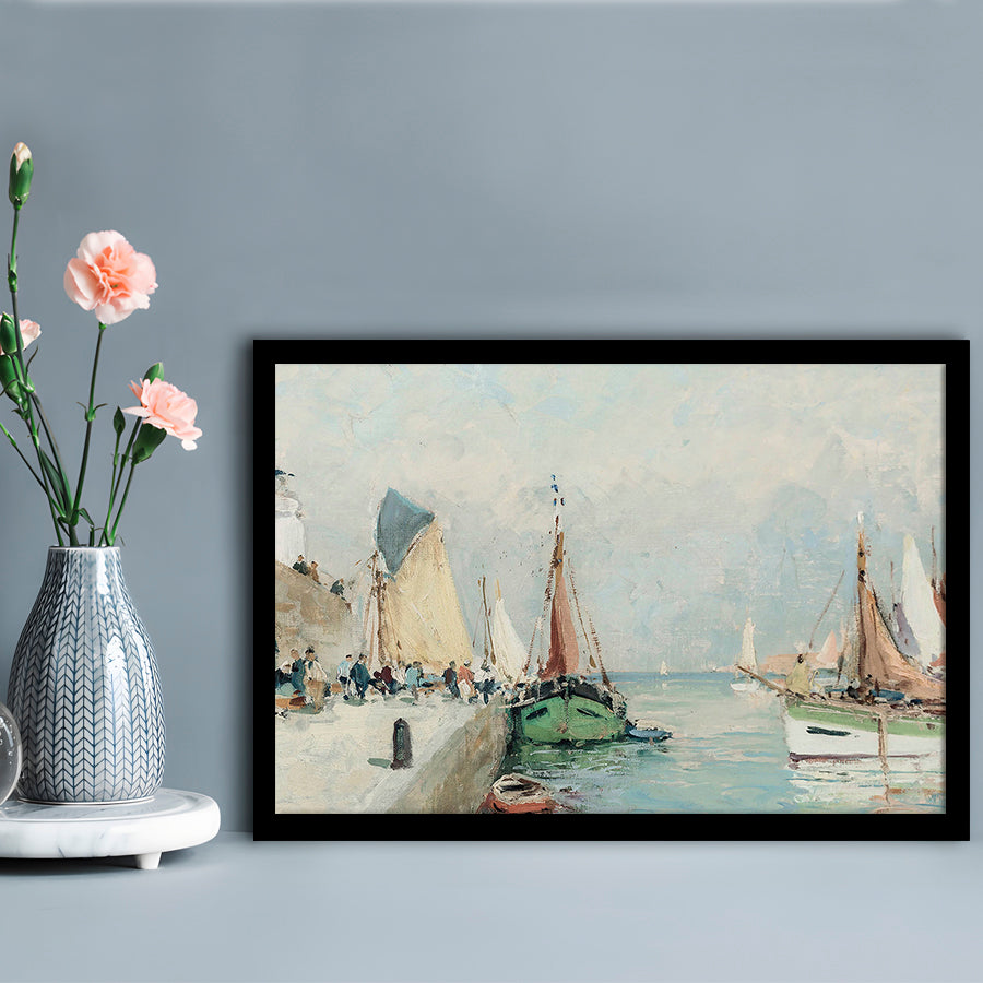 Antique Nautical Oil Paintingailboats Coastal Farmhouse Framed Art Print Wall Decor, Landscape Painting