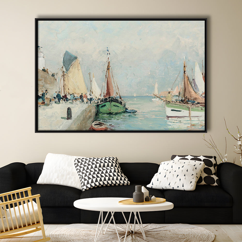 Antique Nautical Oil Paintingailboats Coastal Farmhouse Framed Canvas Print Wall Art, Landscape Painting