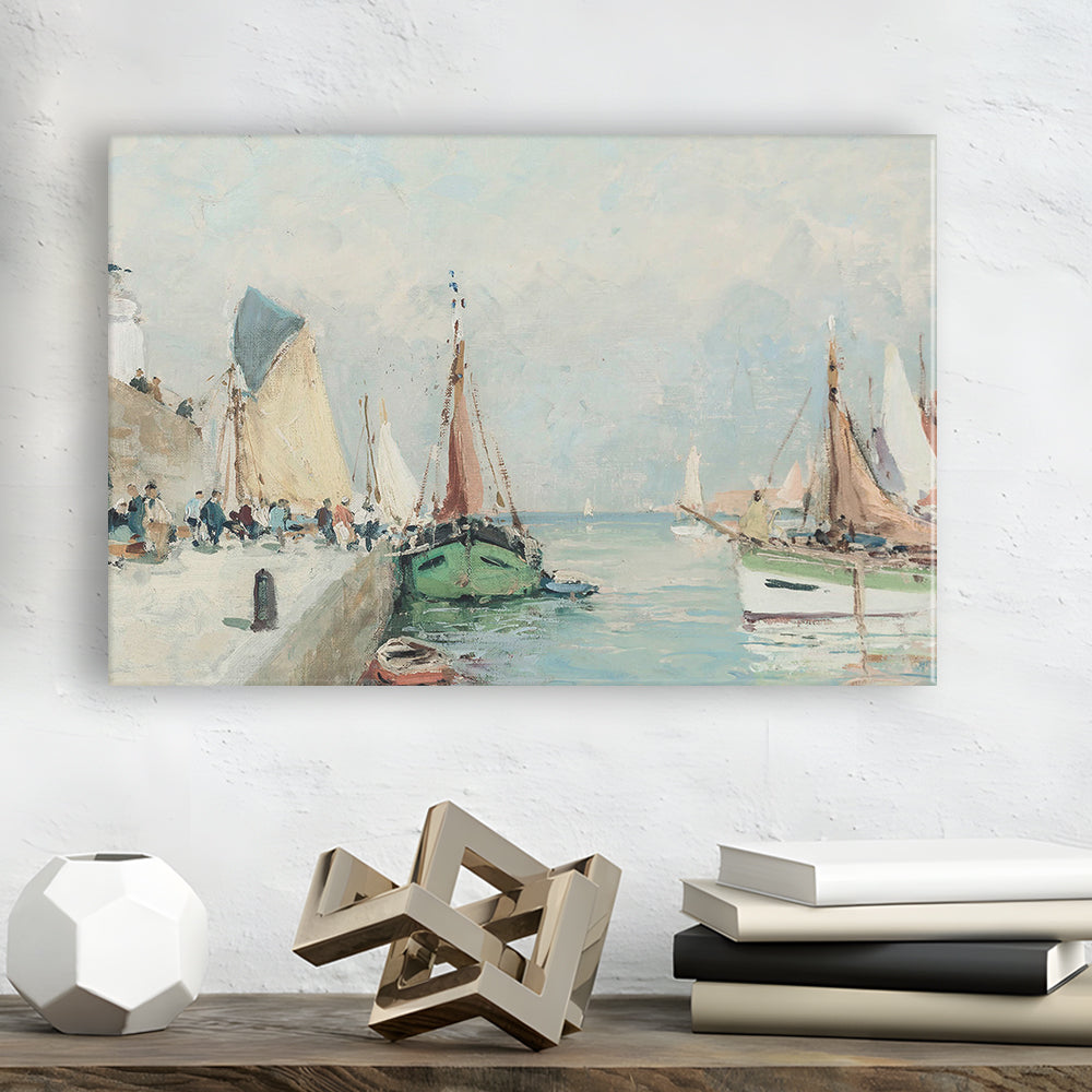 Antique Nautical Oil Paintingailboats Coastal Farmhouse Canvas Print Wall Art, Landscape Painting