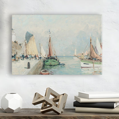 Antique Nautical Oil Paintingailboats Coastal Farmhouse Canvas Print Wall Art, Landscape Painting
