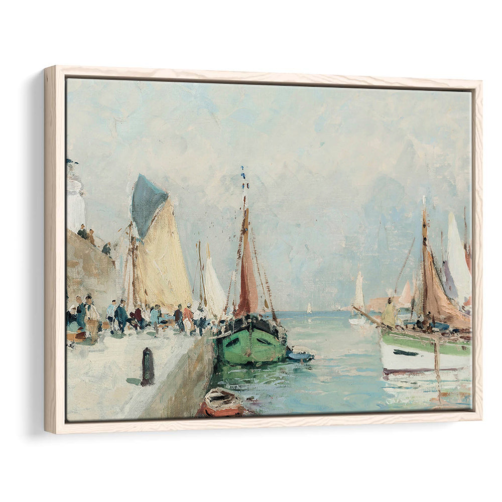 Antique Nautical Oil Paintingailboats Coastal Farmhouse Framed Canvas Print Wall Art, Landscape Painting