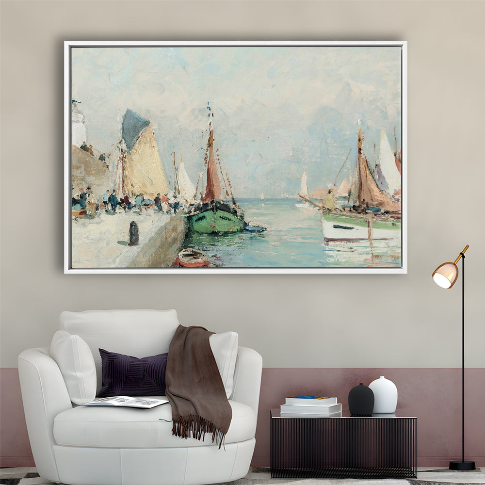 Antique Nautical Oil Paintingailboats Coastal Farmhouse Framed Canvas Print Wall Art, Landscape Painting