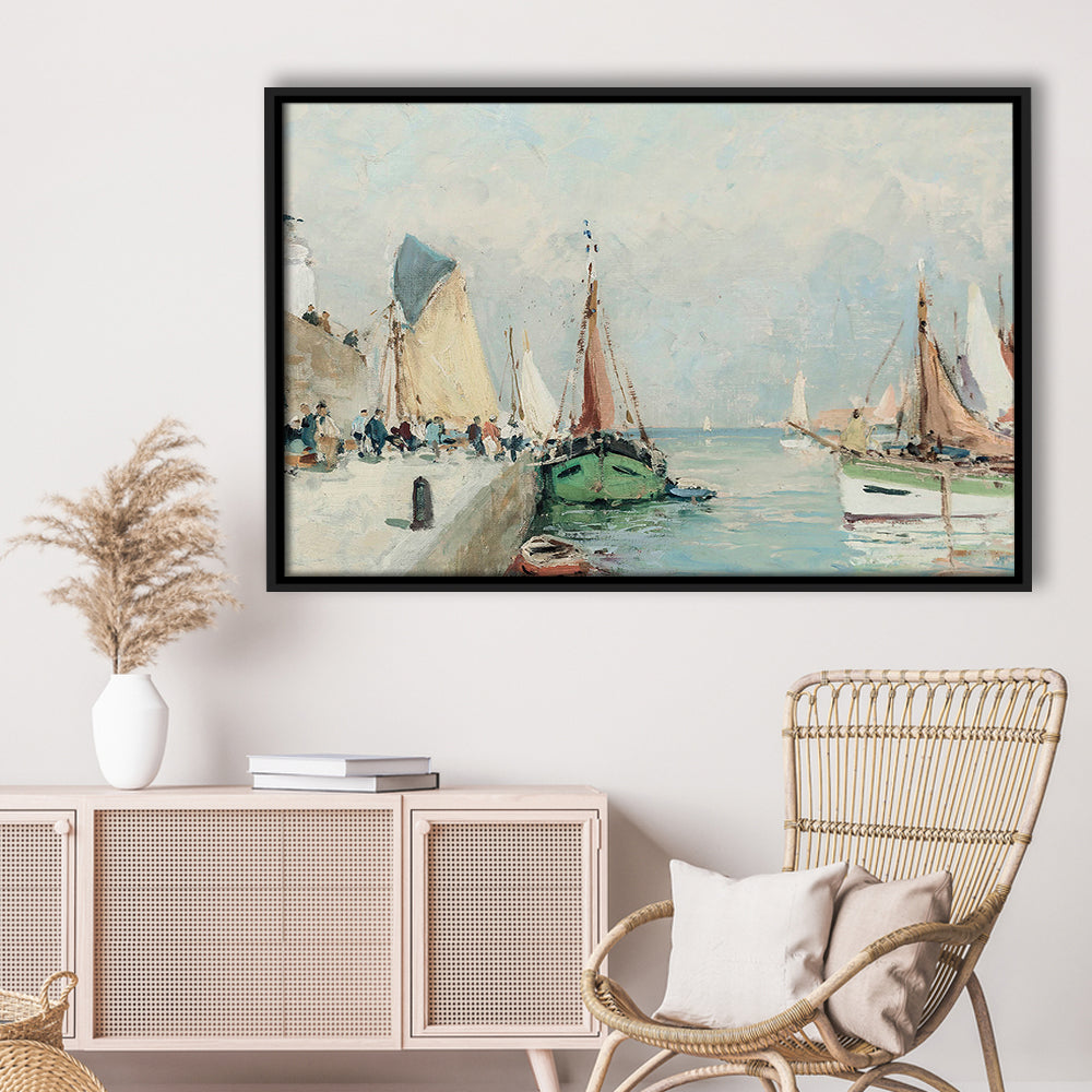 Antique Nautical Oil Paintingailboats Coastal Farmhouse Framed Canvas Print Wall Art, Landscape Painting
