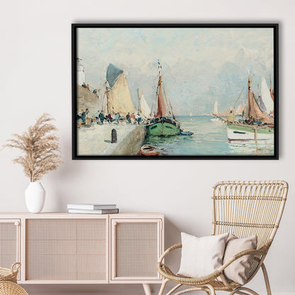 Antique Nautical Oil Paintingailboats Coastal Farmhouse Framed Canvas Print Wall Art, Landscape Painting