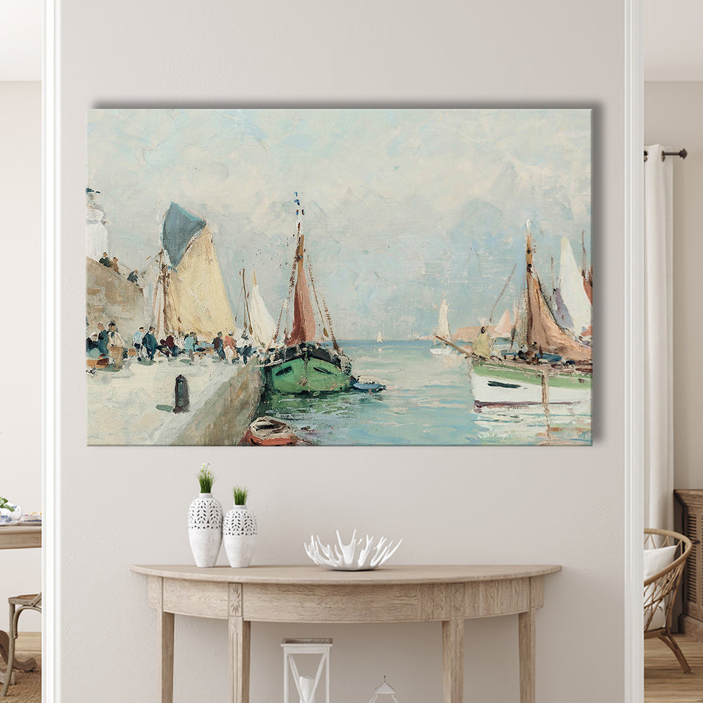 Antique Nautical Oil Paintingailboats Coastal Farmhouse Canvas Print Wall Art, Landscape Painting