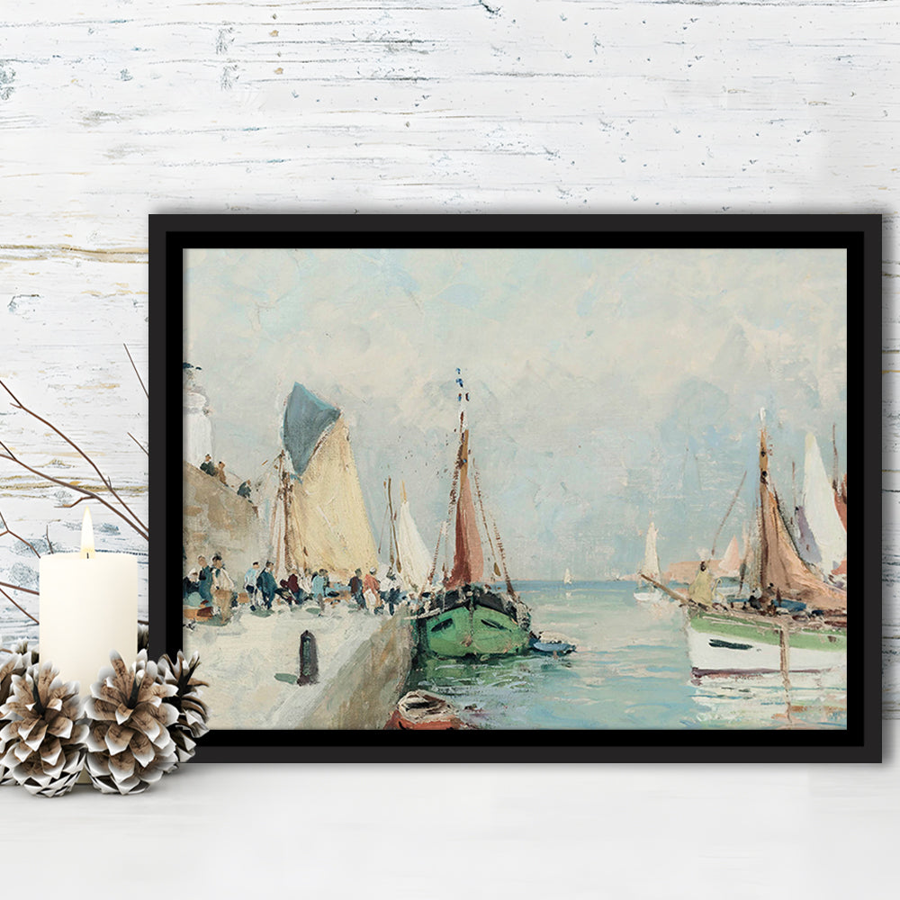 Antique Nautical Oil Paintingailboats Coastal Farmhouse Framed Canvas Print Wall Art, Landscape Painting