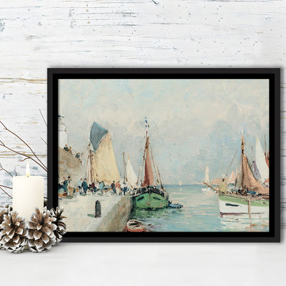 Antique Nautical Oil Paintingailboats Coastal Farmhouse Framed Canvas Print Wall Art, Landscape Painting