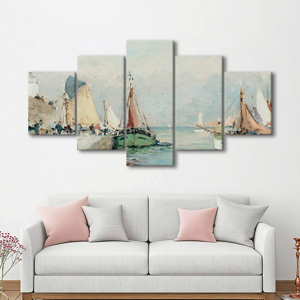 Antique Nautical Oil Paintingailboats Coastal Farmhouse Mixed Canvas Print Wall Art, Landscape Painting